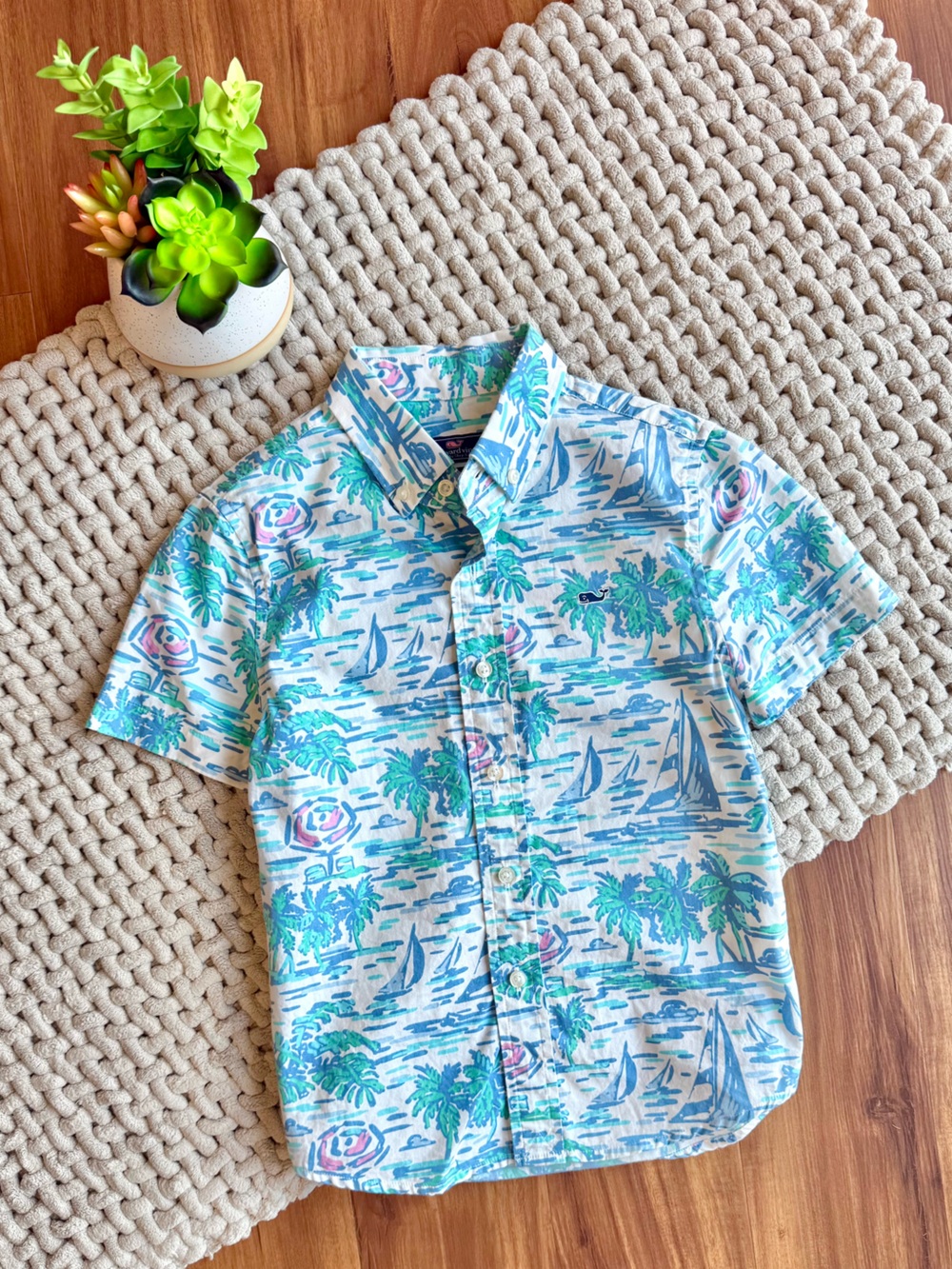 Vineyard Vines | Boy’s Ocean Terrace Print Whale Short Sleeve Shirt | Teal | 6